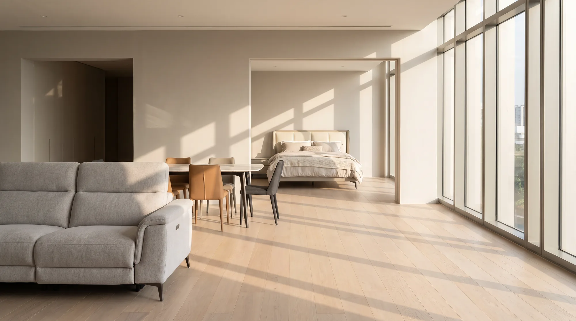 A furniture showroom floor with a grey fabric recliner sofa, a marble-top dining table with tan and charcoal chairs, and a made-up bed in warm daylight
