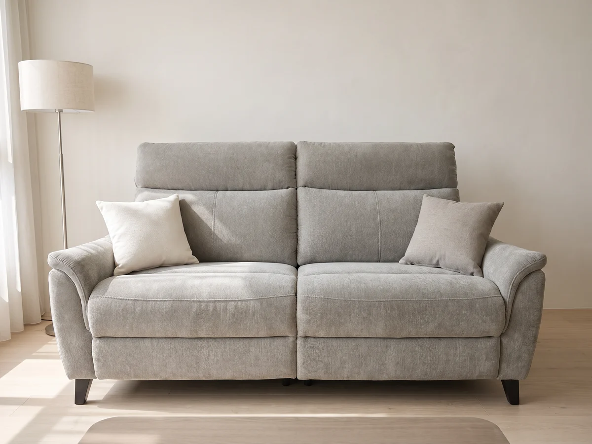 Light grey fabric three-seater electric recliner sofa